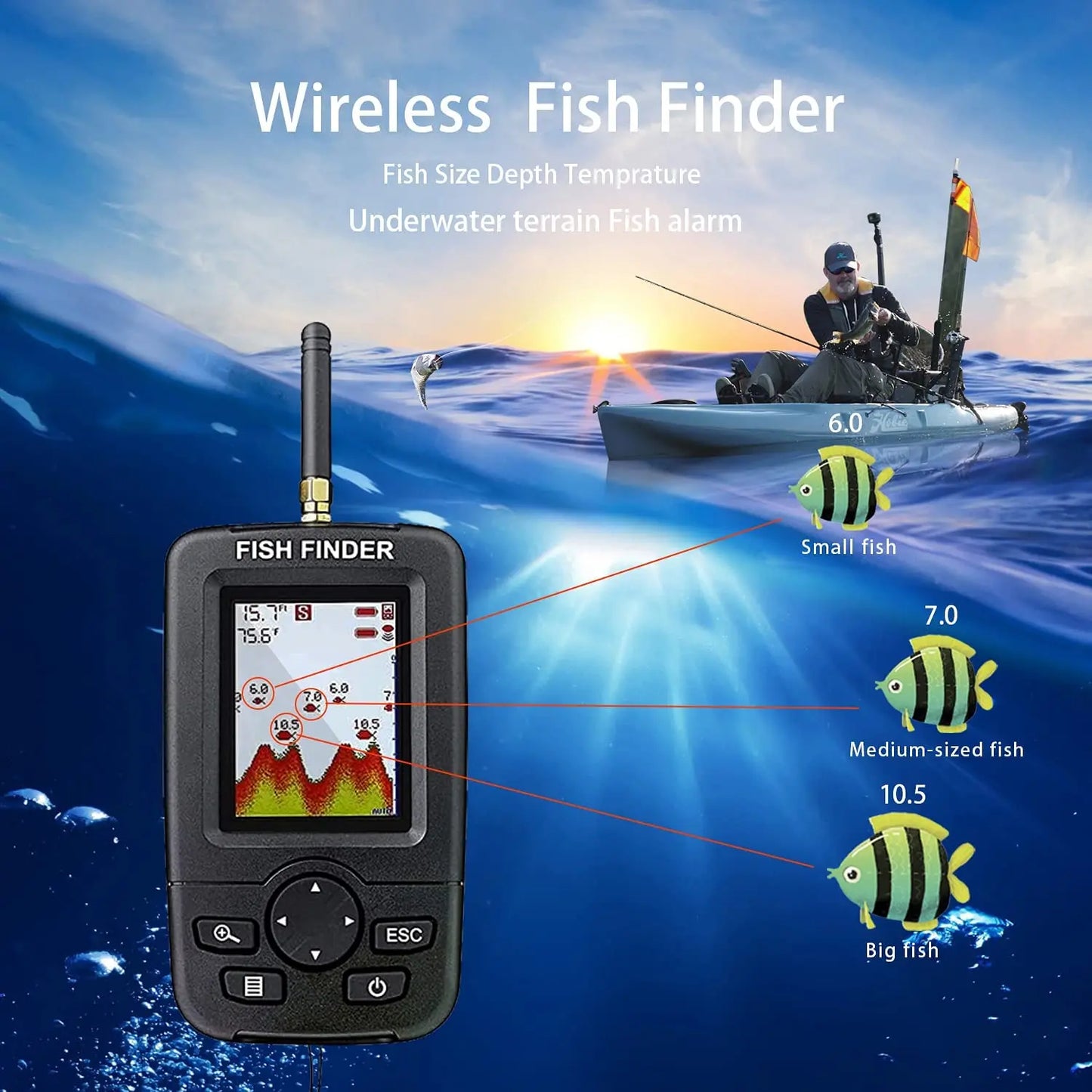 Portable Wireless Fish Finder - Sonar Echo Sounder Underwater Fishing Detector with Alert System