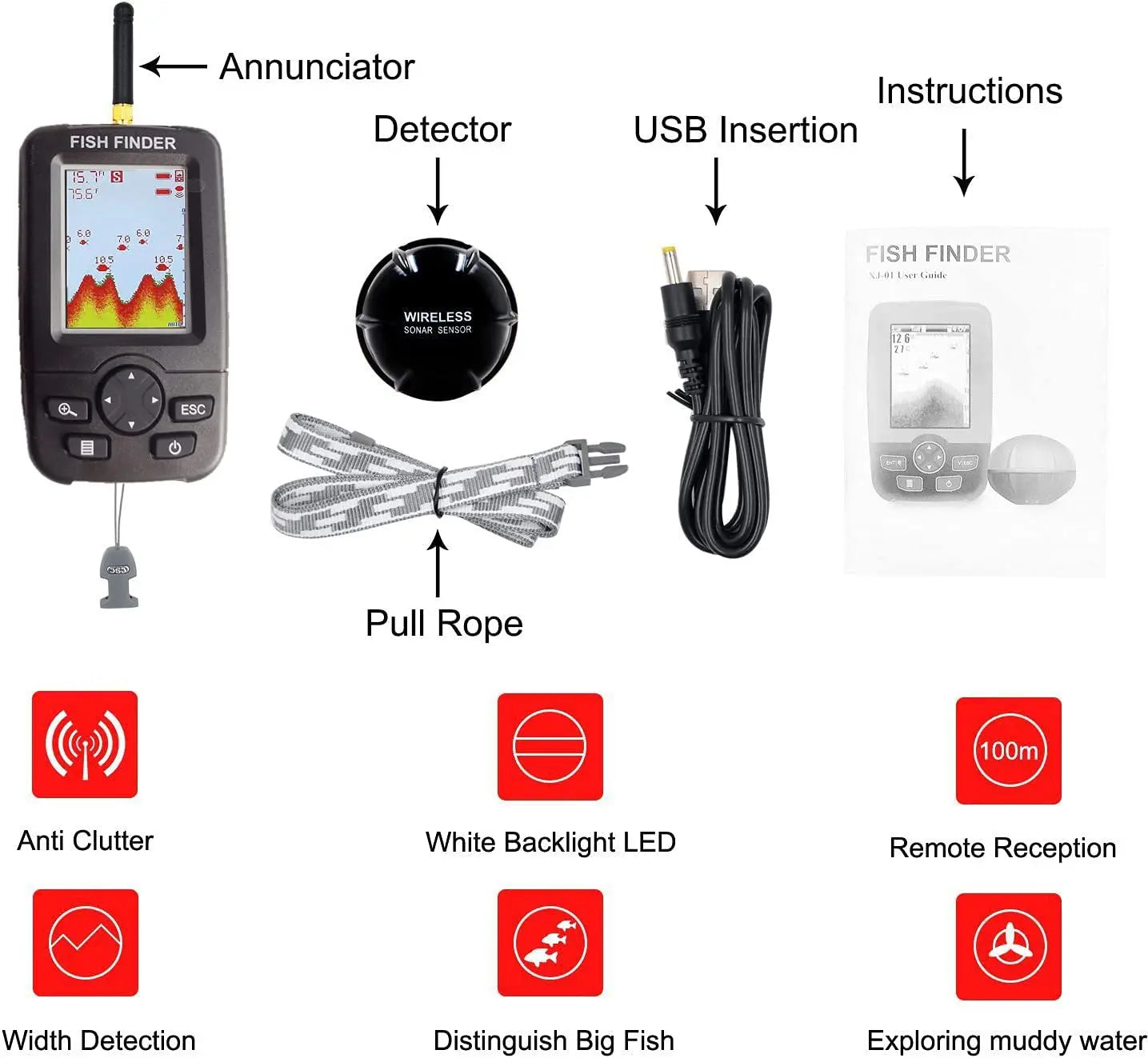 Portable Wireless Fish Finder - Sonar Echo Sounder Underwater Fishing Detector with Alert System