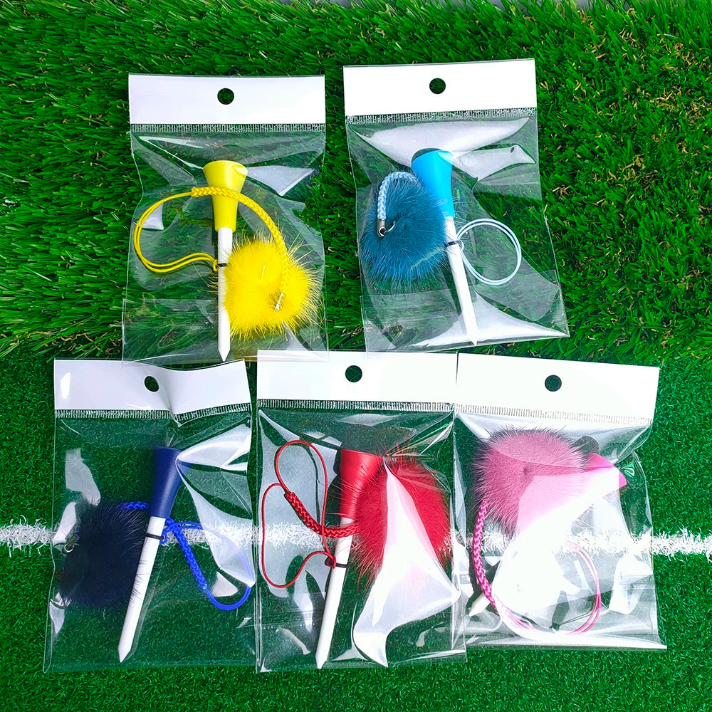 Premium Golf Tee Set - 5 Colorful Rubber Tees with Anti-Loss Fur Ball Markers
