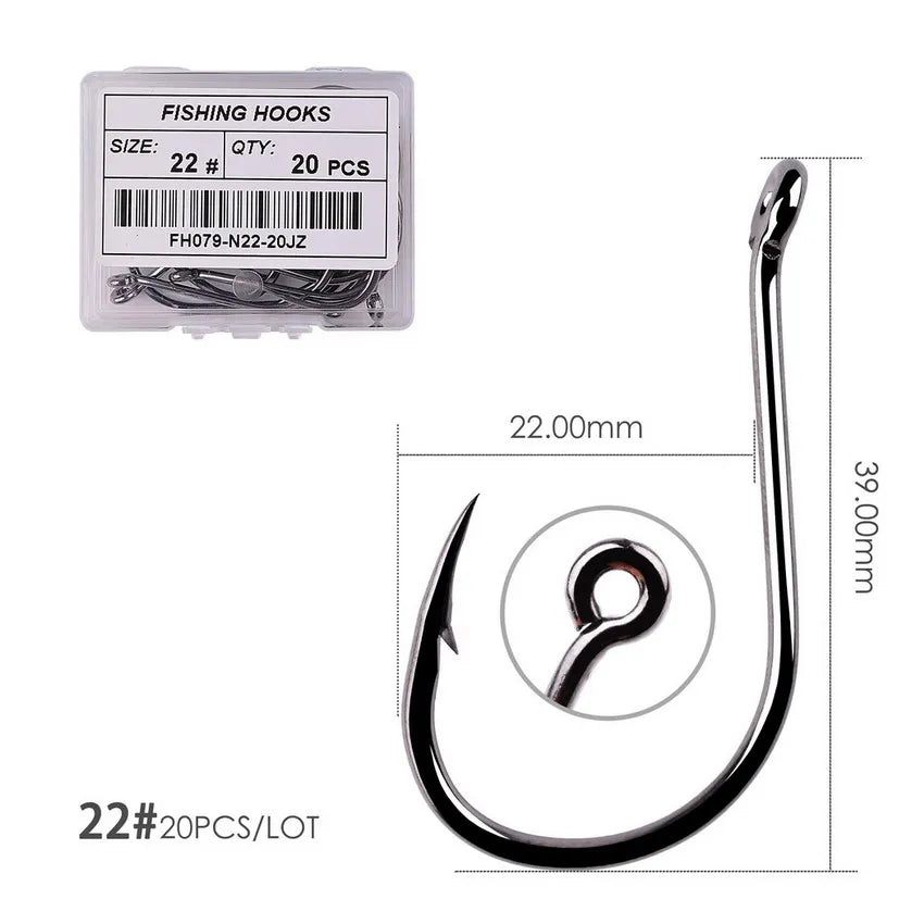 Japan Circle Eye Carp Fishing Hooks - Single Jig Hook Tackle (Size 2-22) - 50pcs/20pcs per Box