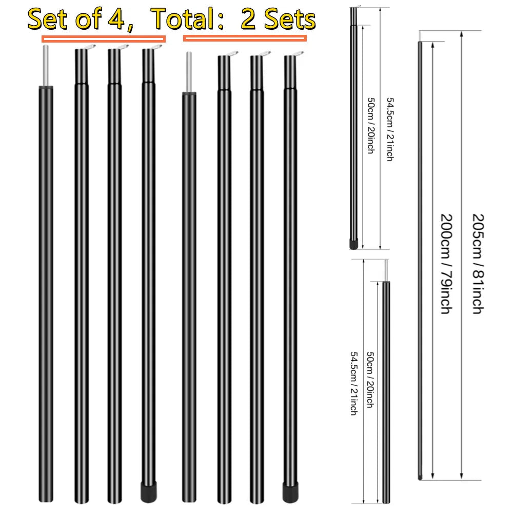 Set of 2 Tent Poles Adjustable Tarp Poles Steel Rods for Sun Shelter Tarp Canopy Camping Replacement With Pegs & Ropes