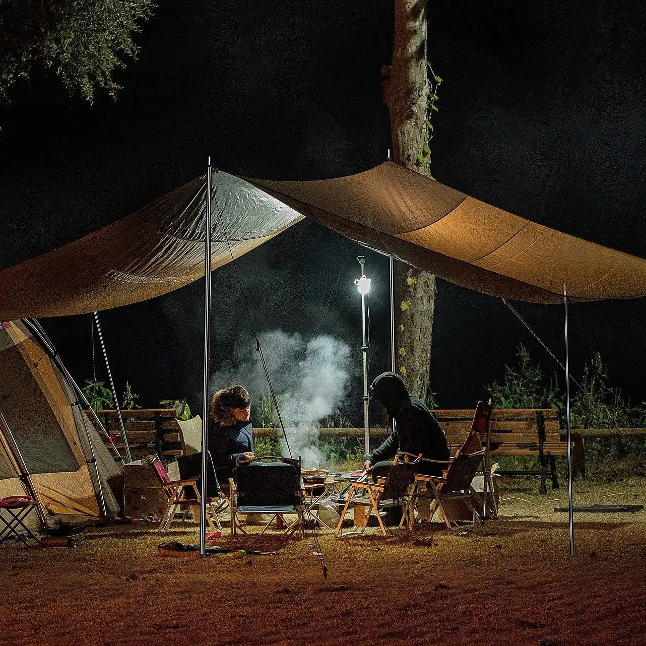 Set of 2 Tent Poles Adjustable Tarp Poles Steel Rods for Sun Shelter Tarp Canopy Camping Replacement With Pegs & Ropes