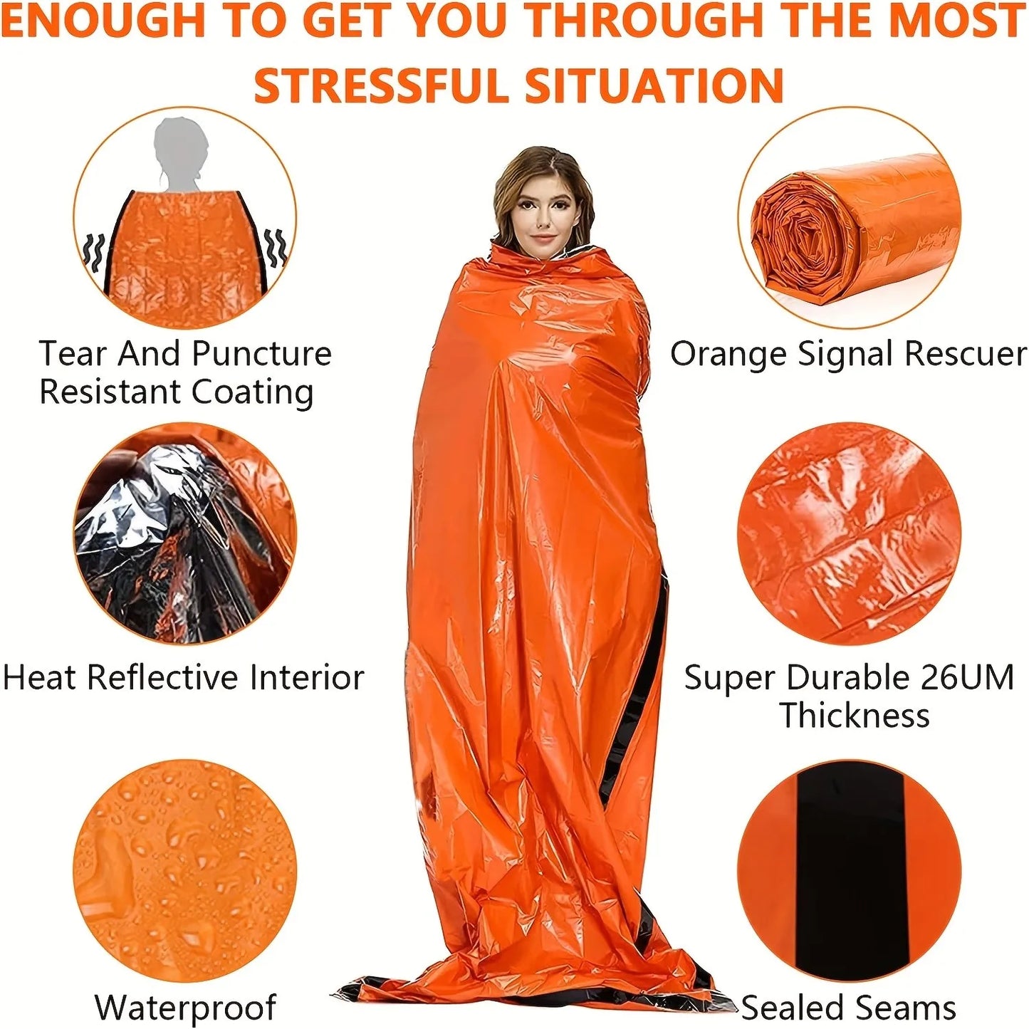 Emergency Survival Sleeping Bag - Waterproof Portable Thermal Mylar Blanket for Outdoor Camping & First Aid Rescue Kit