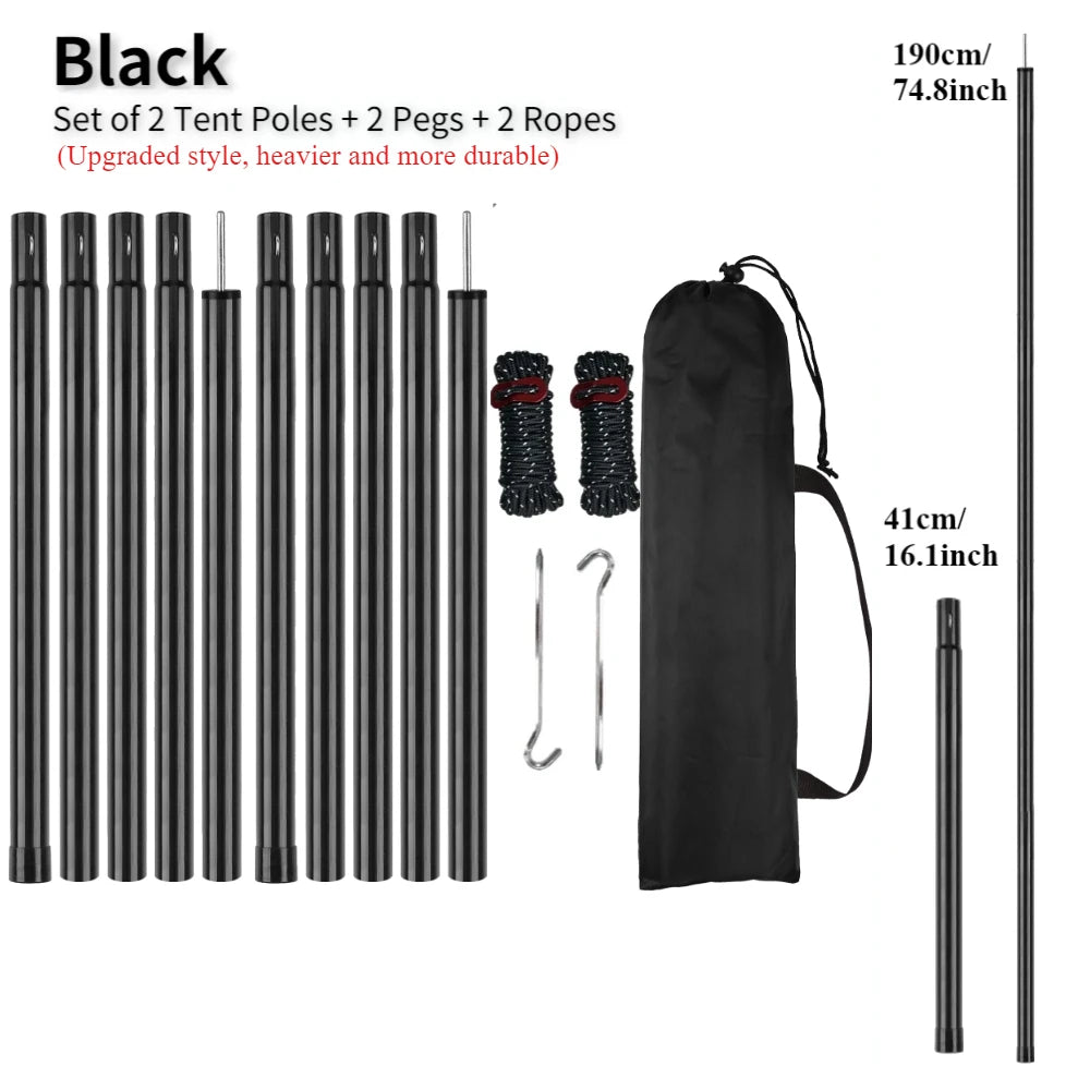 Set of 2 Tent Poles Adjustable Tarp Poles Steel Rods for Sun Shelter Tarp Canopy Camping Replacement With Pegs & Ropes