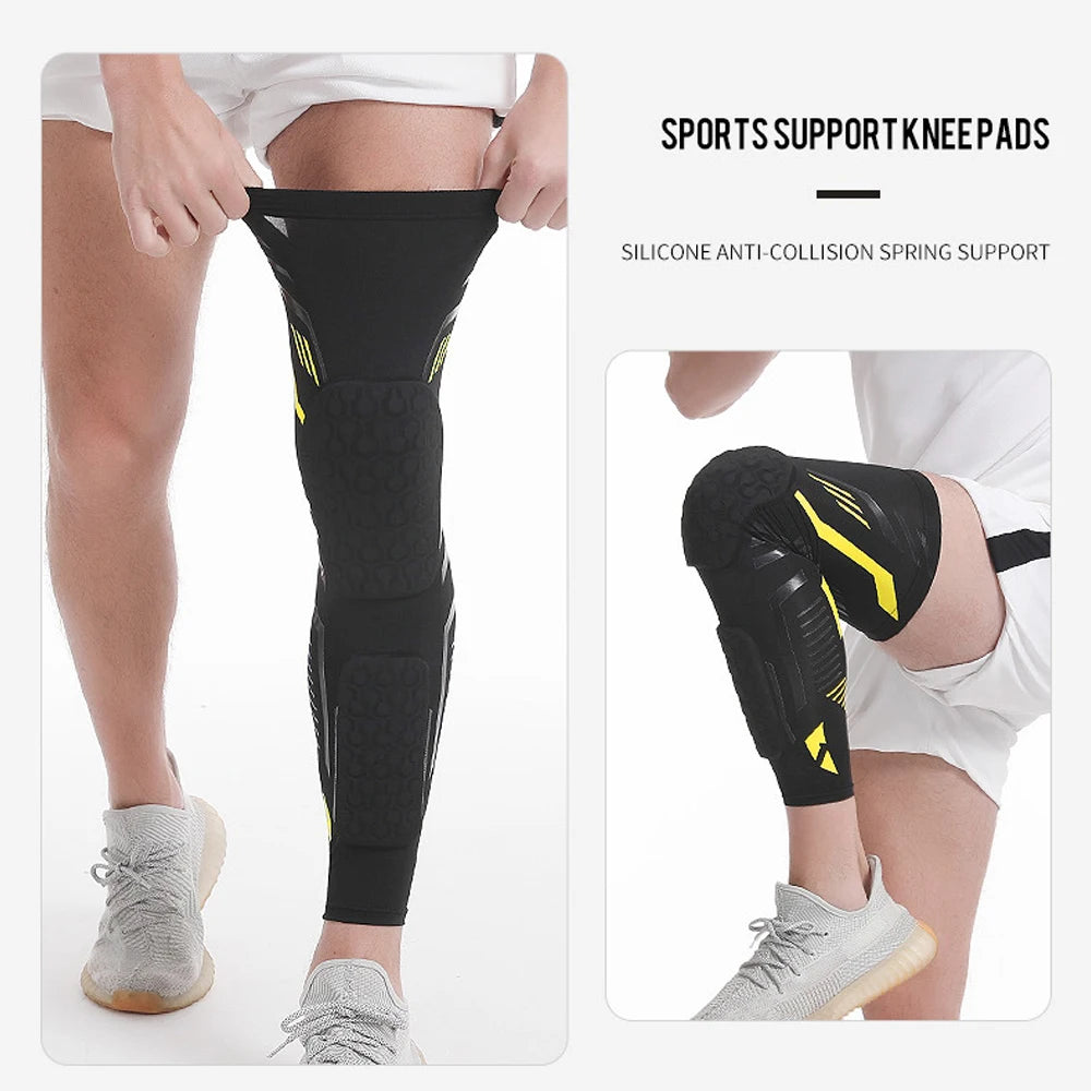 Padded Knee Compression Sleeve - Long Leg Calf Protection Sports Brace for Soccer - Adult & Youth Shin Pads (1 Piece)