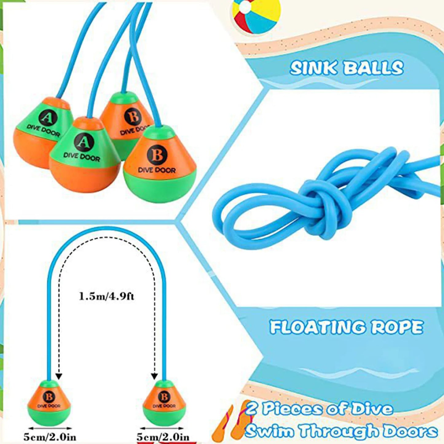 Swimming Pool Dive Rings Set - 2-Piece Reusable Through-Door Diving Game for Adults & Kids - Fun Water Sports Training Aid