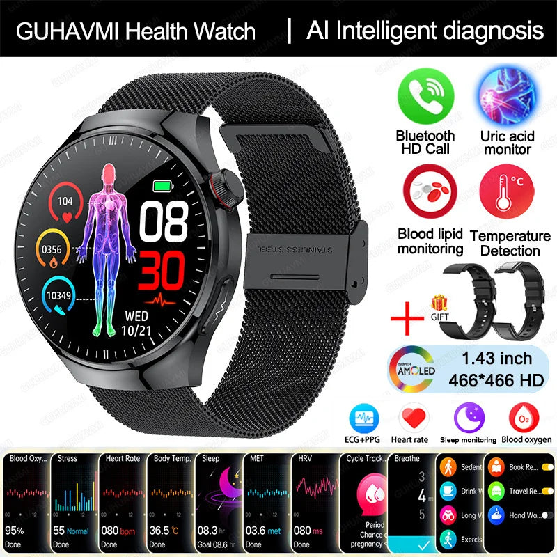 Blood Oxygen, Blood Lipid, Uric Acid, ECG+PPG, Body Temperature, Bluetooth Call, Health Smartwatch