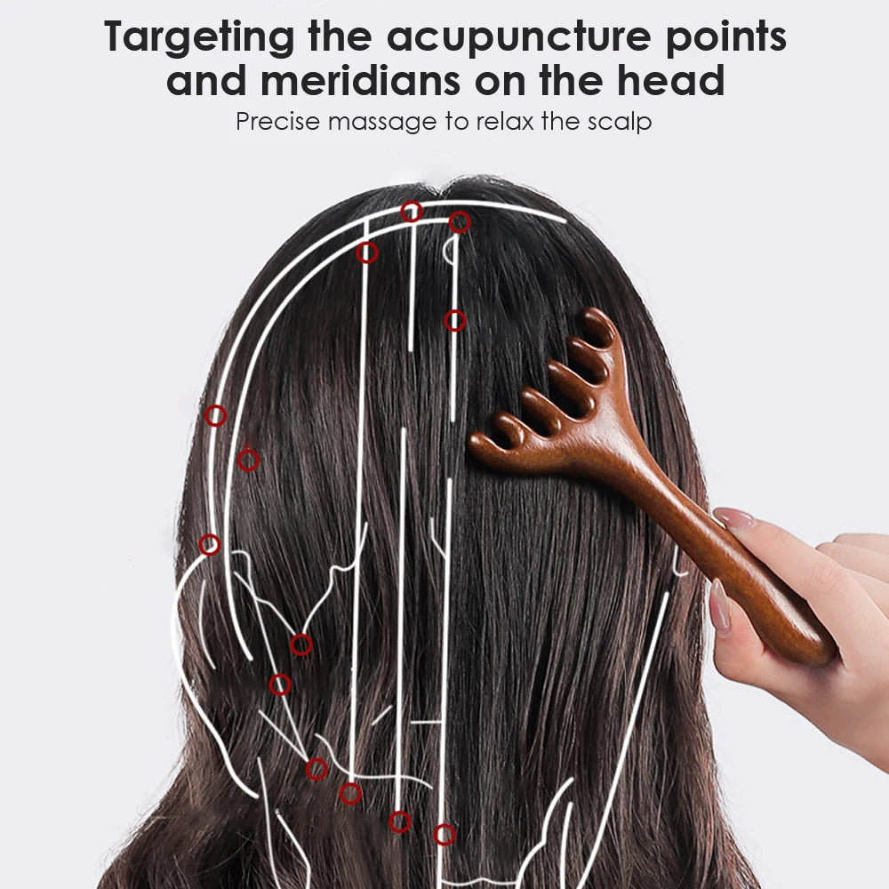 6-Claw Wooden Head Massage Comb - Anti-Static Meridian Massager for Blood Circulation & Gua Sha Therapy