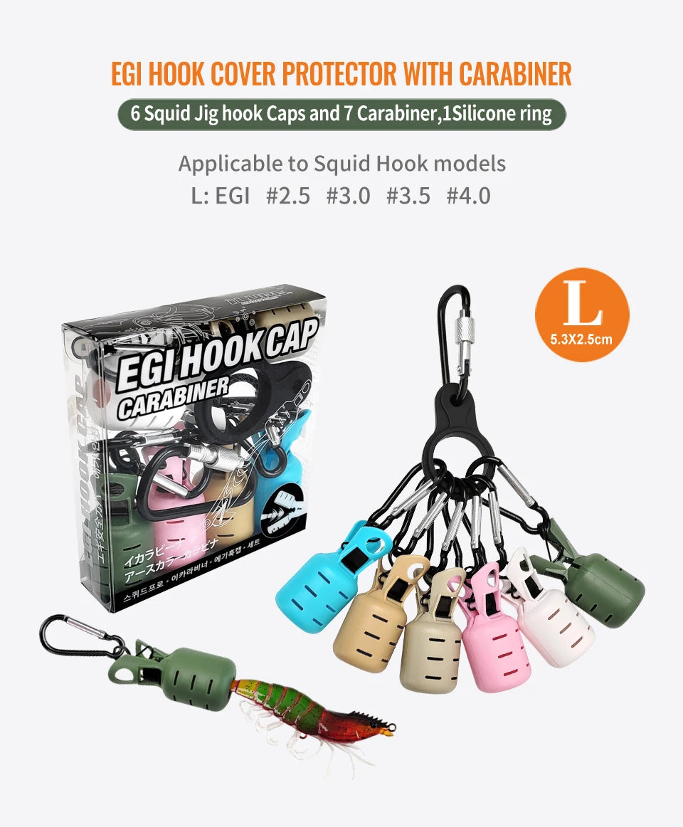Squid Jig Bait Protector Kit - 6pcs Webfoot Octopus Egi Hook Covers with Carabiner for Cuttlefish Umbrella Lure Fishing Tackle