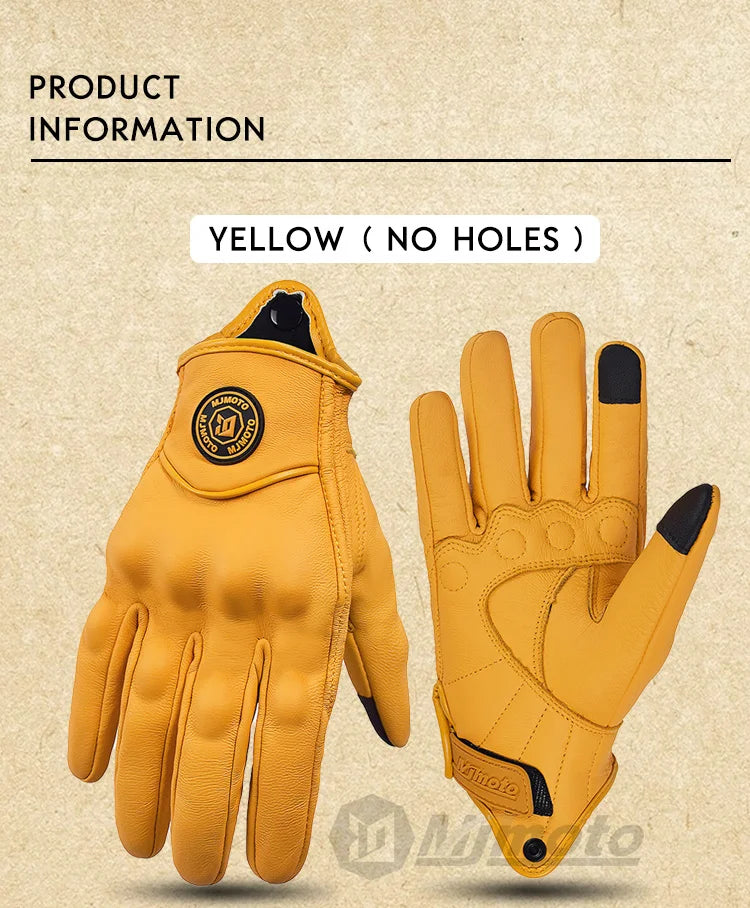 Breathable Perforated Leather Motorcycle Gloves - Retro Yellow Racing Gloves with Touch Screen for Men & Women - Motocross Motorbike Riding Gear