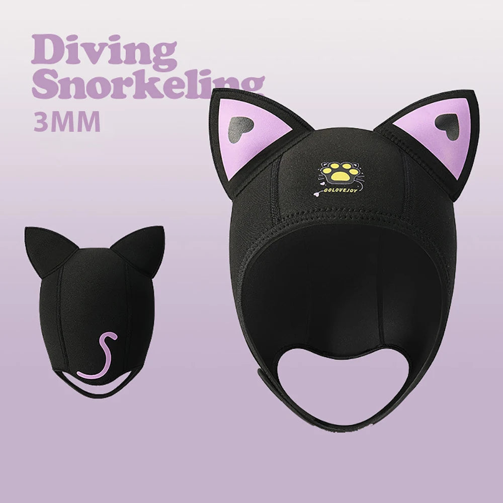 Women's Waterproof 3MM Neoprene Diving Hood - Cute Cat Ears Design with Chin Straps for Swimming & Snorkeling