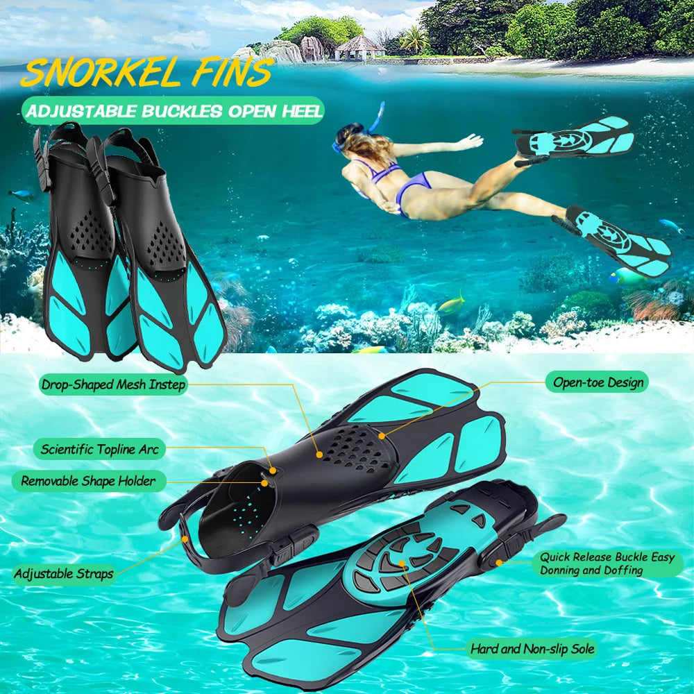 Adjustable Open Heel Swimming Fins - Short Silicone Diving Flippers with Quick-Release Buckles for Adult Men & Women Travel Size