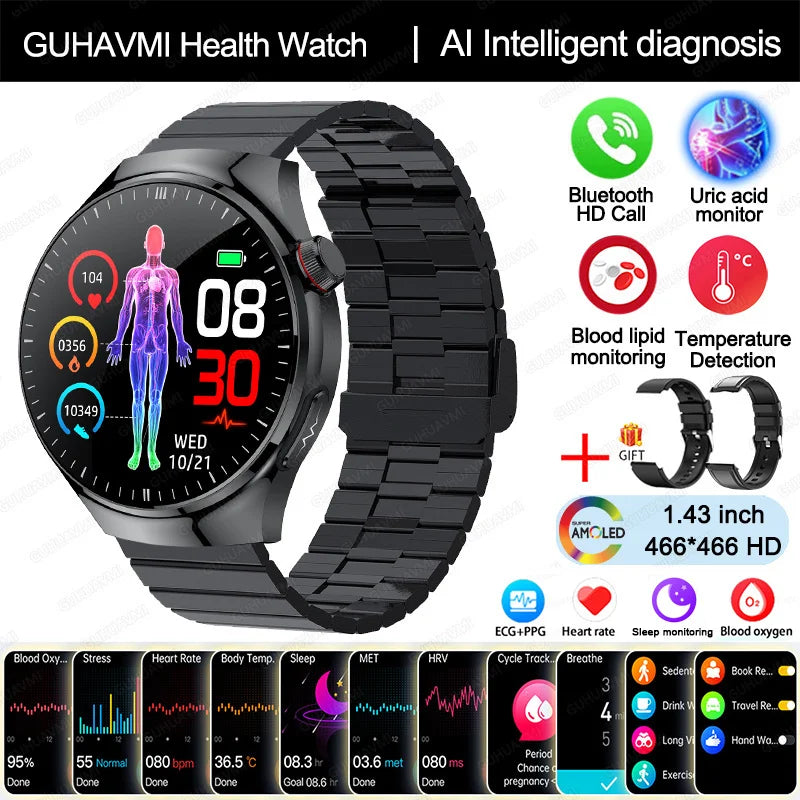 Blood Oxygen, Blood Lipid, Uric Acid, ECG+PPG, Body Temperature, Bluetooth Call, Health Smartwatch