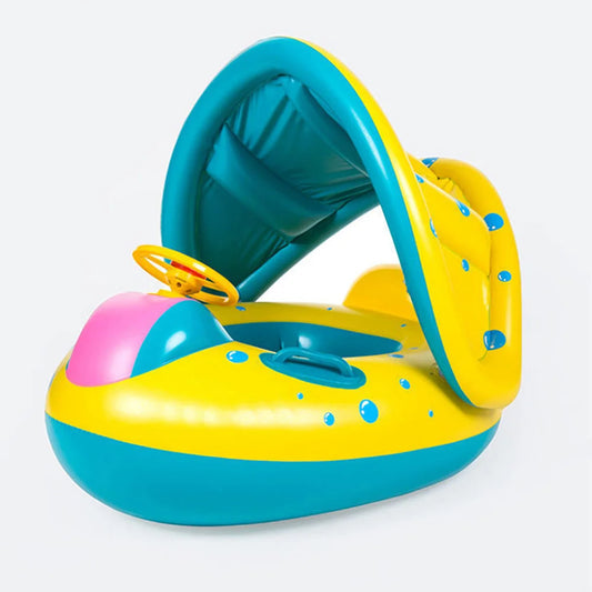 Yellow Inflatable Baby Swimming Pool Float - 1 Piece Sunshade Seat Ring with Steering Wheel