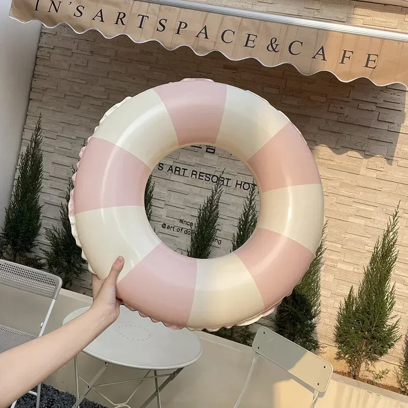 Kids PVC Striped Swimming Ring - Inflatable Floating Tube Donut for Boys & Girls Summer Pool Fun