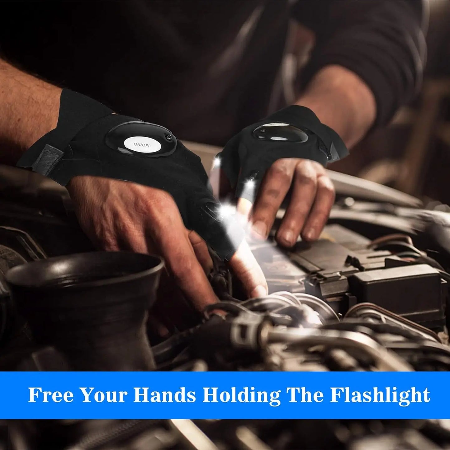 Waterproof LED Fingerless Gloves - Half Finger Flashlight Gloves for Men Women Outdoor Night Fishing Cycling Running