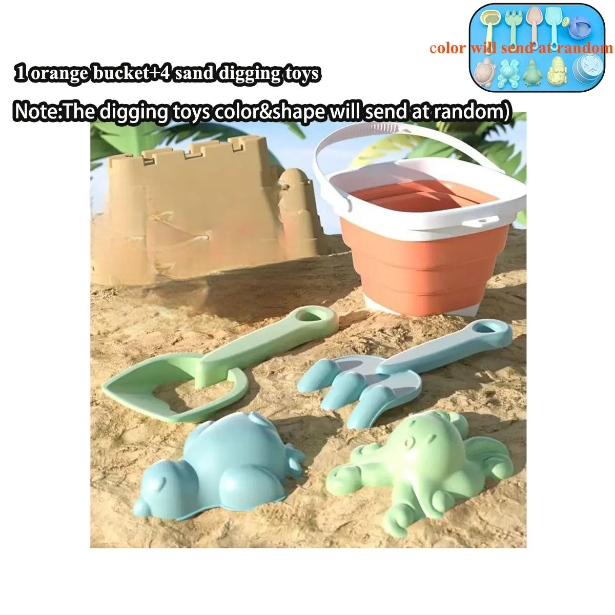 Children's Beach Sand & Water Play Set - 11 Piece Collapsible Bucket Kit with Summer Outdoor Toys for Kids Sandbox Games (Random Color Selection)