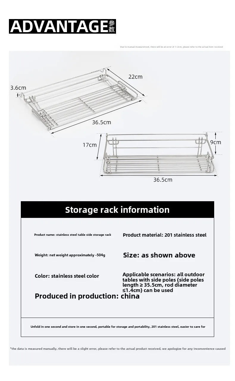 Folding Aluminum Table Extension Rack - IGT Compatible Hanging Mesh Storage Basket with Side Bracket for Outdoor Tables