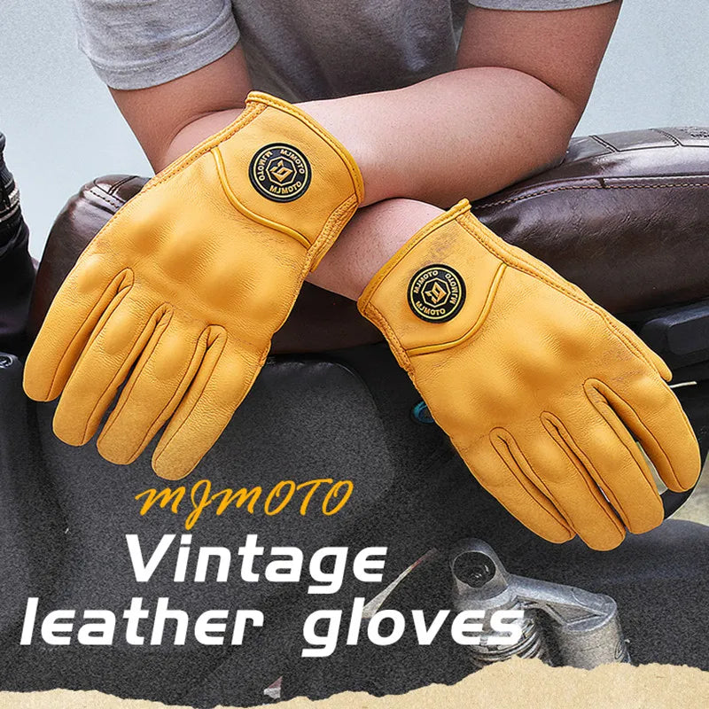 Breathable Perforated Leather Motorcycle Gloves - Retro Yellow Racing Gloves with Touch Screen for Men & Women - Motocross Motorbike Riding Gear