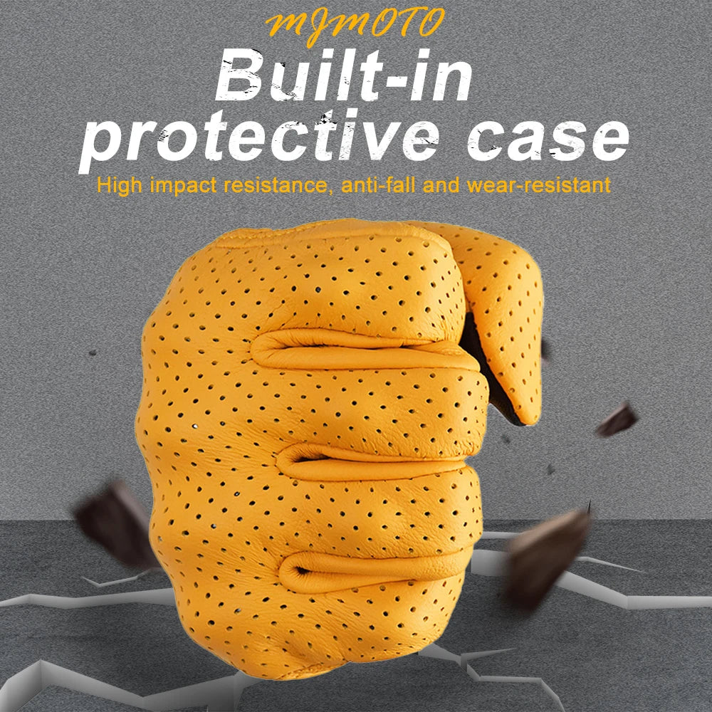 Breathable Perforated Leather Motorcycle Gloves - Retro Yellow Racing Gloves with Touch Screen for Men & Women - Motocross Motorbike Riding Gear