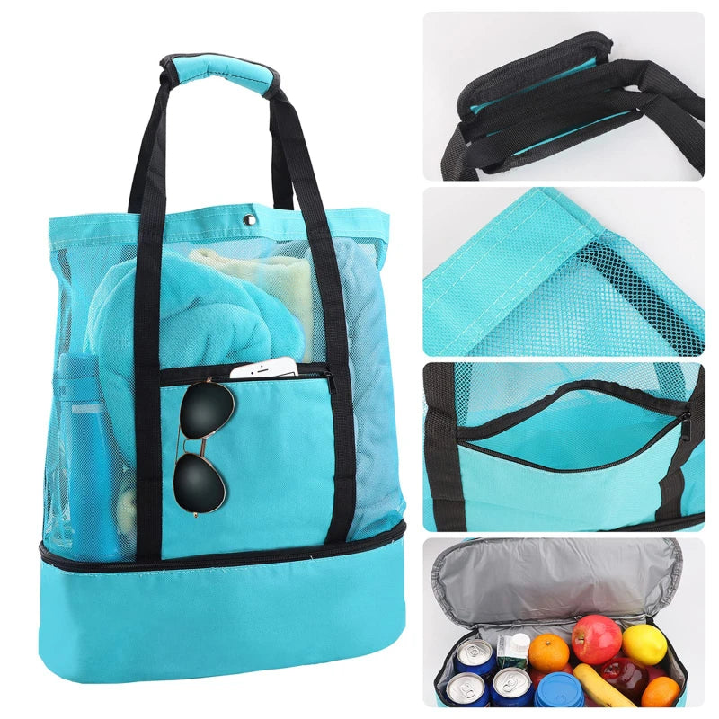 Waterproof Double-Layer Beach Tote Bag - Large Capacity Mesh Swimming Storage Bag with Heat Preservation for Women