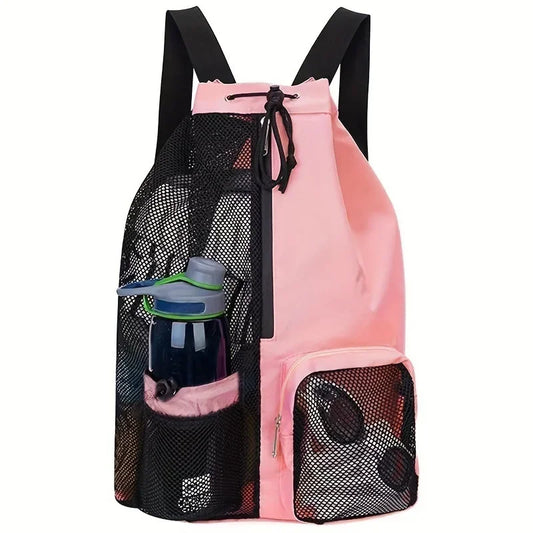 Multipurpose Mesh Drawstring Swim Backpack with Wet Compartment for Beach, Pool, Gym and Workout Equipment