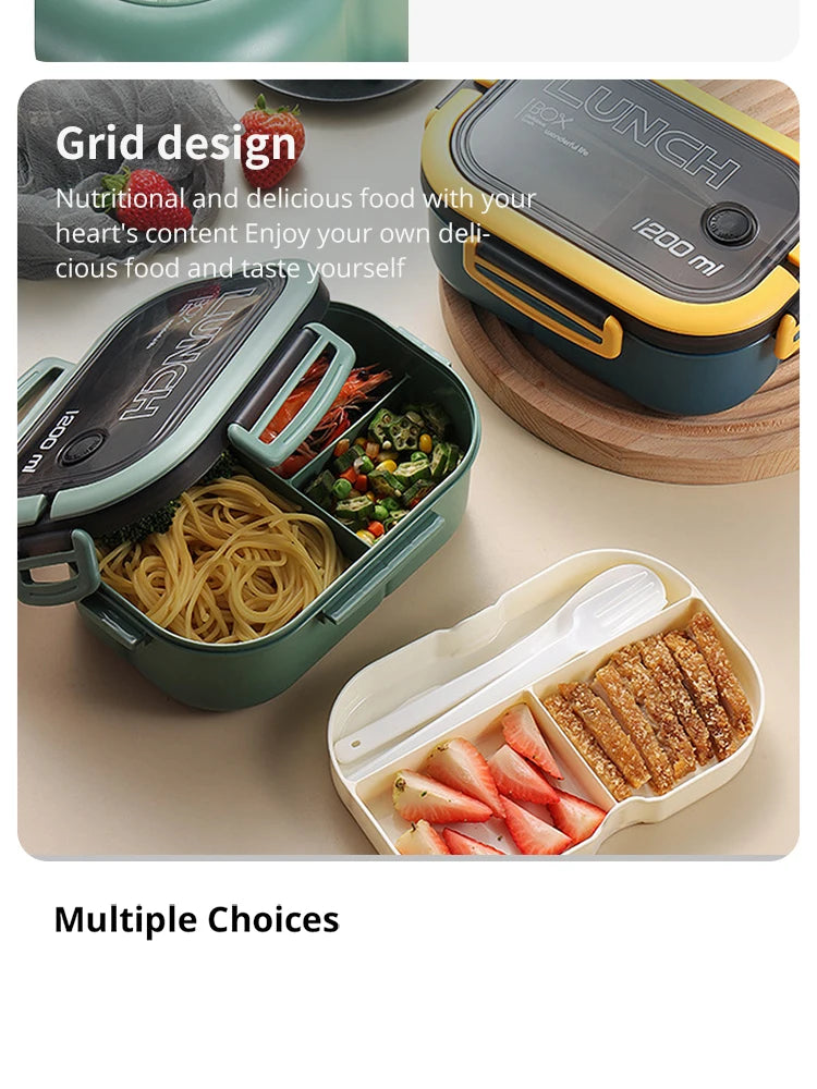 Portable Double-Layer Lunch Box with Compartments - Microwave Safe Food Container with Fork & Spoon Set for Picnic and Fresh Food Storage