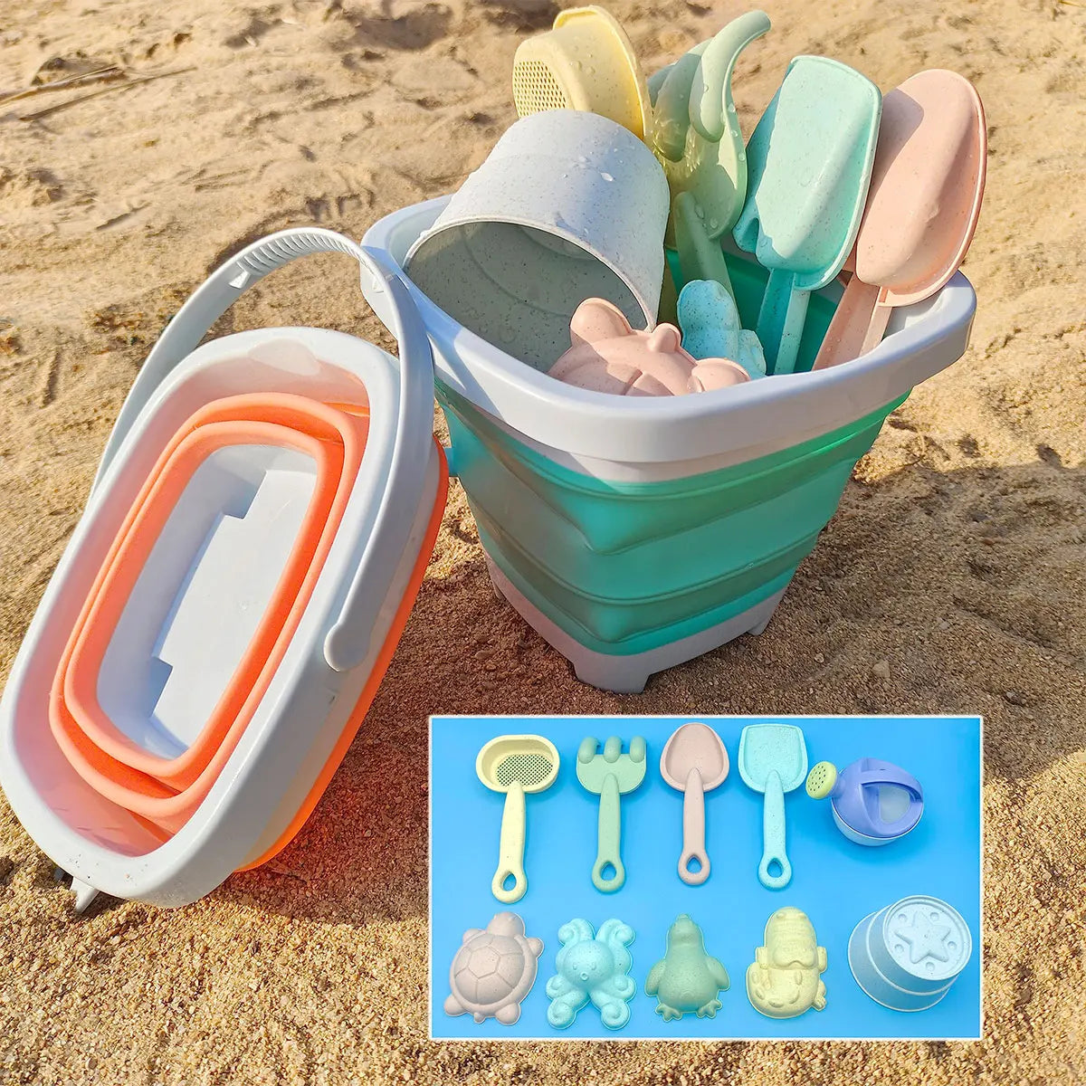 Children's Beach Sand & Water Play Set - 11 Piece Collapsible Bucket Kit with Summer Outdoor Toys for Kids Sandbox Games (Random Color Selection)