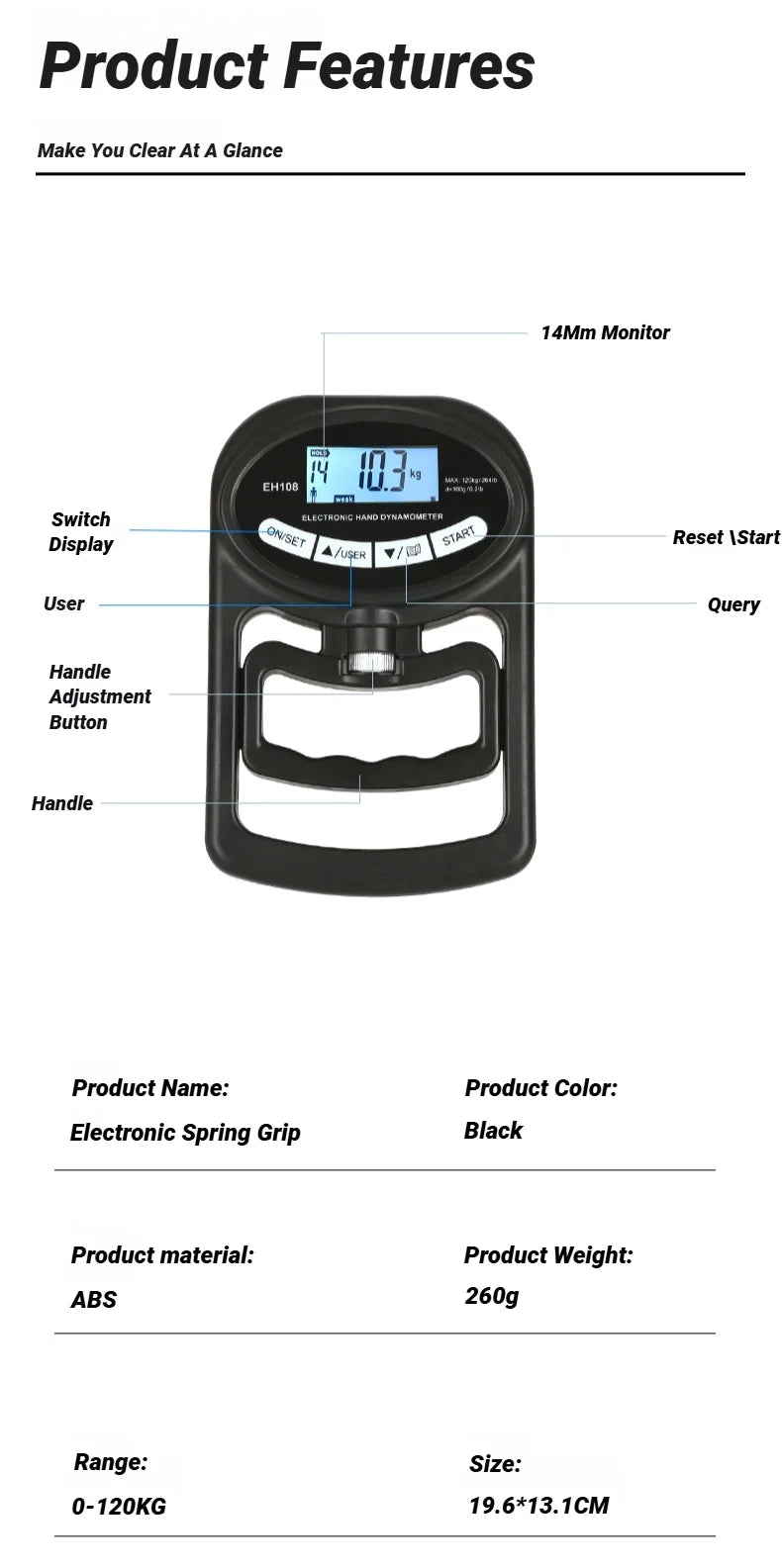 265Lbs/120Kg Digital Hand Dynamometer - Grip Strength Tester for Men and Women