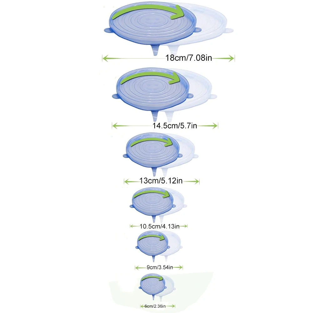 Universal Silicone Food Storage Lids - 6 Piece Set of Reusable Airtight Stretch Covers for Round Dishes & Kitchen Containers