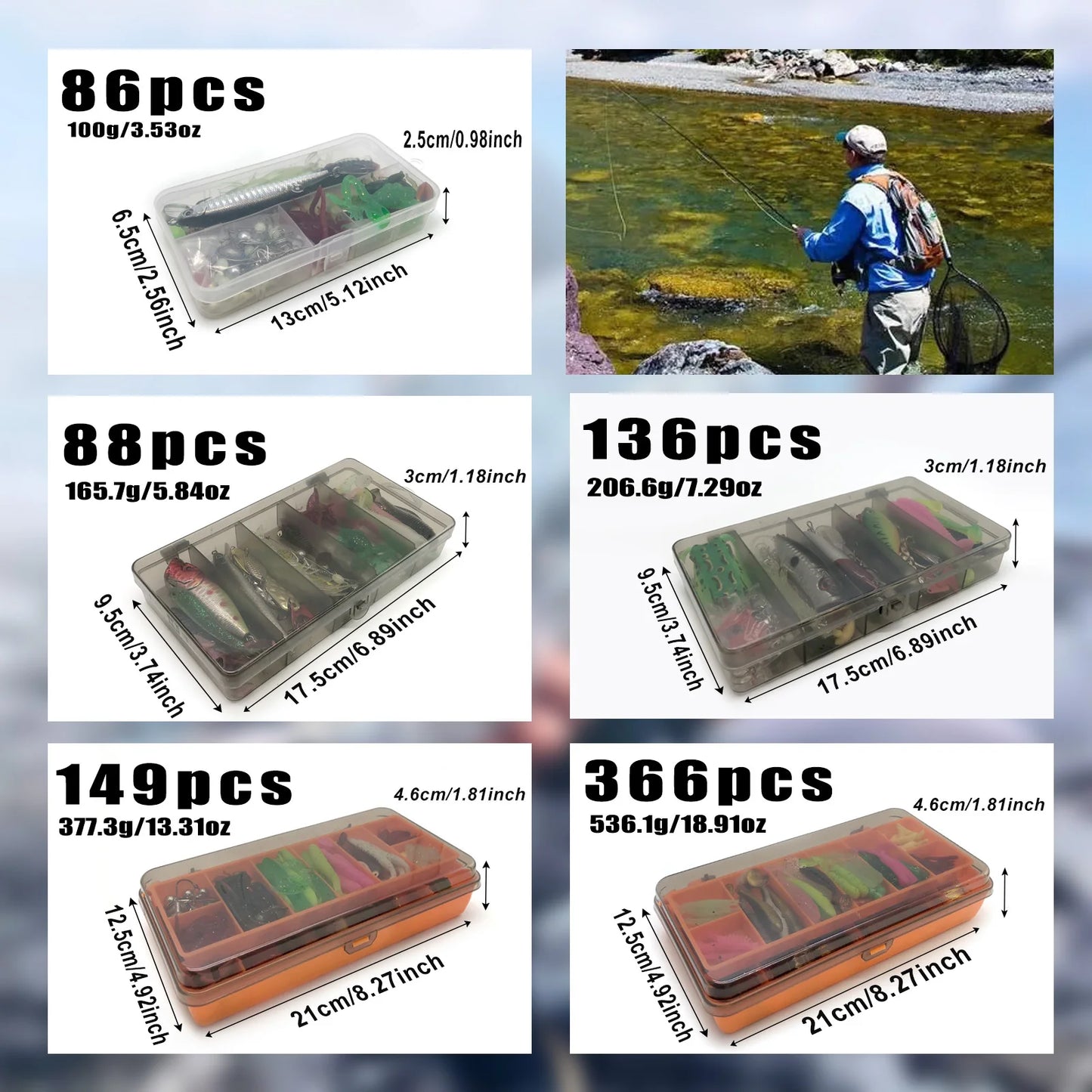 Professional Fishing Lure Kit - 86/88/136/149/366 Pieces Multi-Species Tackle Set for Trout, Pike & Bass with Layered Pro Gear Tackle Box