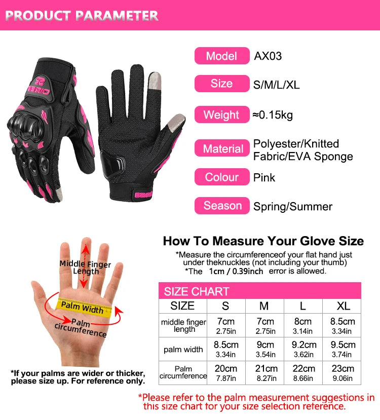 Women's Pink Breathable Motorcycle Gloves - Anti-Fall Touch Screen Motocross Riding Gloves