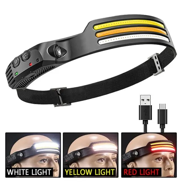 USB Rechargeable COB LED Headlamp with Motion Sensor - Built-in Battery Head Flashlight for Outdoor Camping and Fishing
