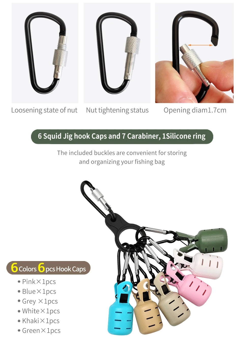 Squid Jig Bait Protector Kit - 6pcs Webfoot Octopus Egi Hook Covers with Carabiner for Cuttlefish Umbrella Lure Fishing Tackle