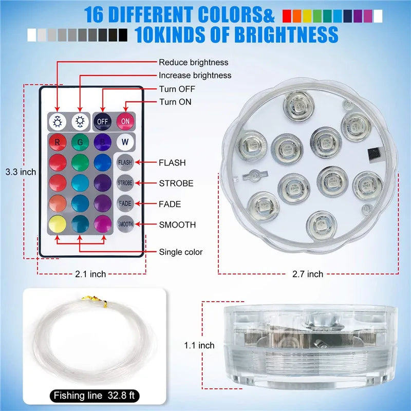 RGB LED Underwater Light - 10 LED Battery Powered Submersible Night Lamp for Swimming Pools, Gardens, Weddings & Party Decorations