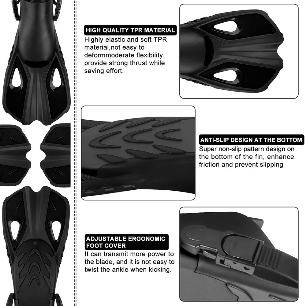 Adjustable Silicone Swimming Fins - Short Travel Diving Flippers with Open Heel Design for Adults, Youth & Kids