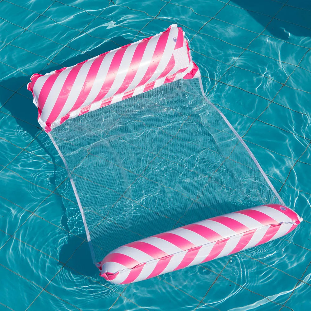 Striped Inflatable Pool Float Chair - Foldable Beach Lounge with Mesh Backrest for Swimming and Leisure