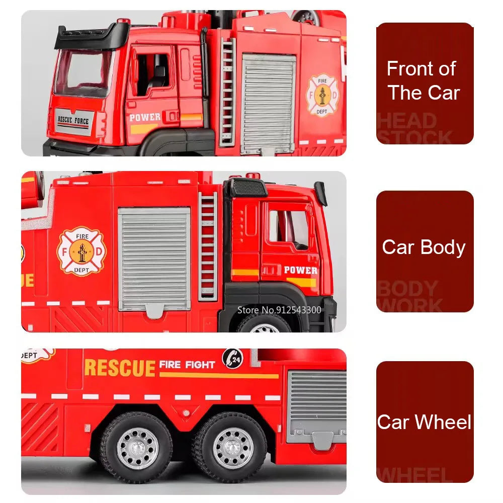 Fire Engine Model Truck 1:32 Scale with Water Spray Function - Ladder Truck Toy with Sound & Light Effects, Pull-Back Action, Opening Doors - Vehicle Collection Gift for Boys