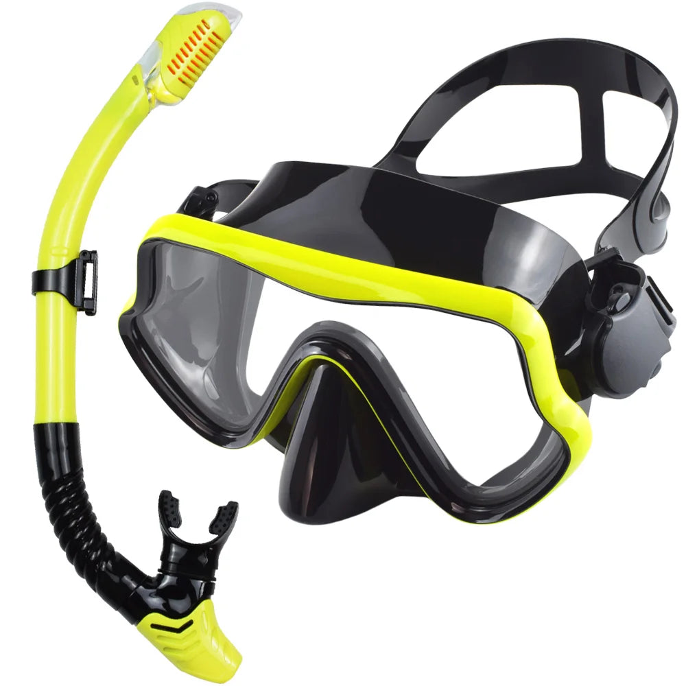 Professional Adult Diving Mask & Snorkel Kit - Tempered Glass Panoramic Swimming Goggles with Training Snorkel Gear