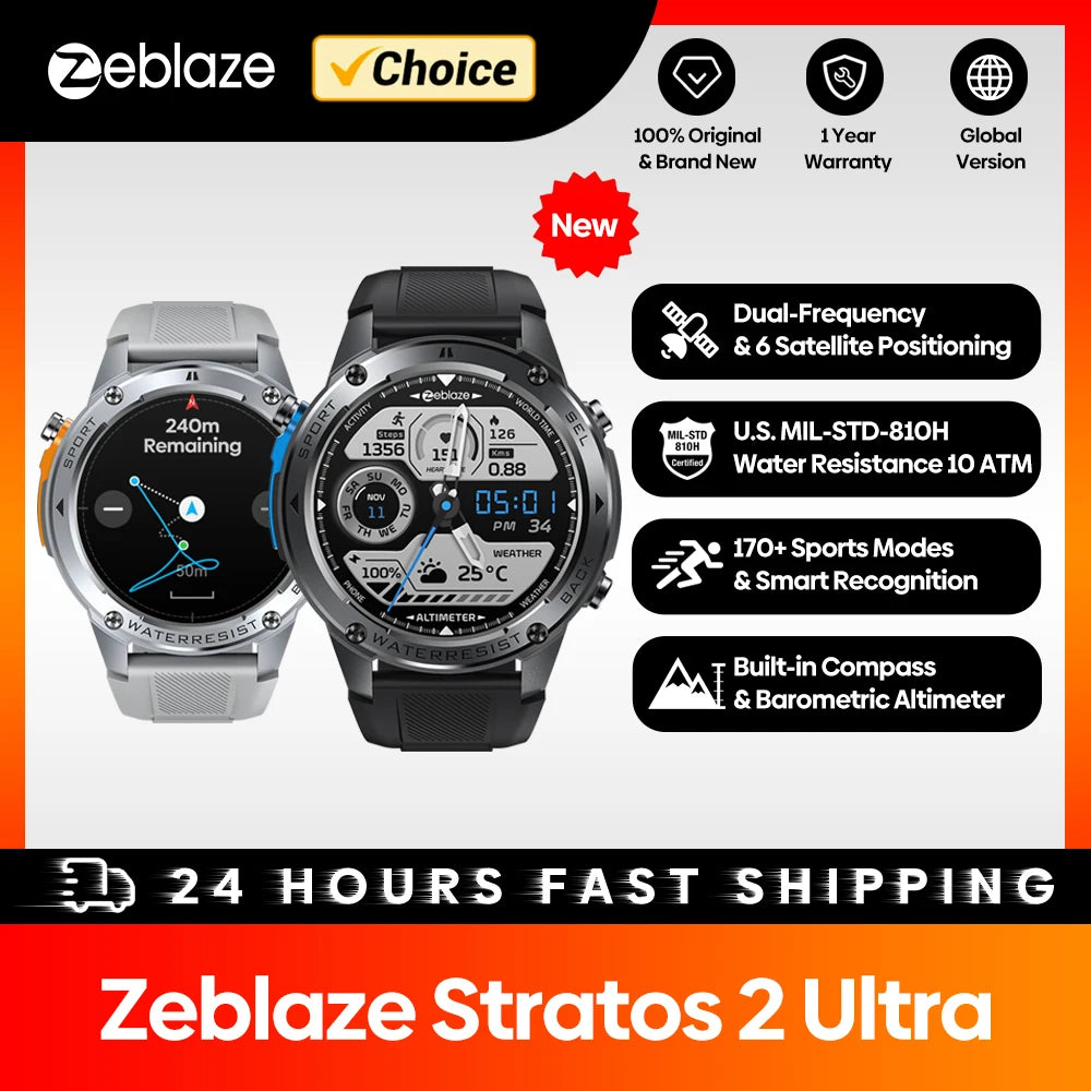 Zeblaze Stratos 2 Ultra GPS Smartwatch - Dual-Band GNSS with Built-in Compass, Barometric Altimeter, Voice Calling & 10 ATM Water Resistance