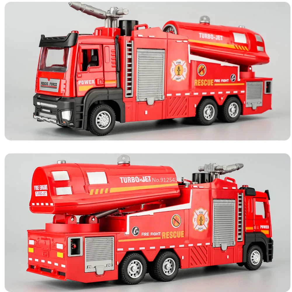 Fire Engine Model Truck 1:32 Scale with Water Spray Function - Ladder Truck Toy with Sound & Light Effects, Pull-Back Action, Opening Doors - Vehicle Collection Gift for Boys