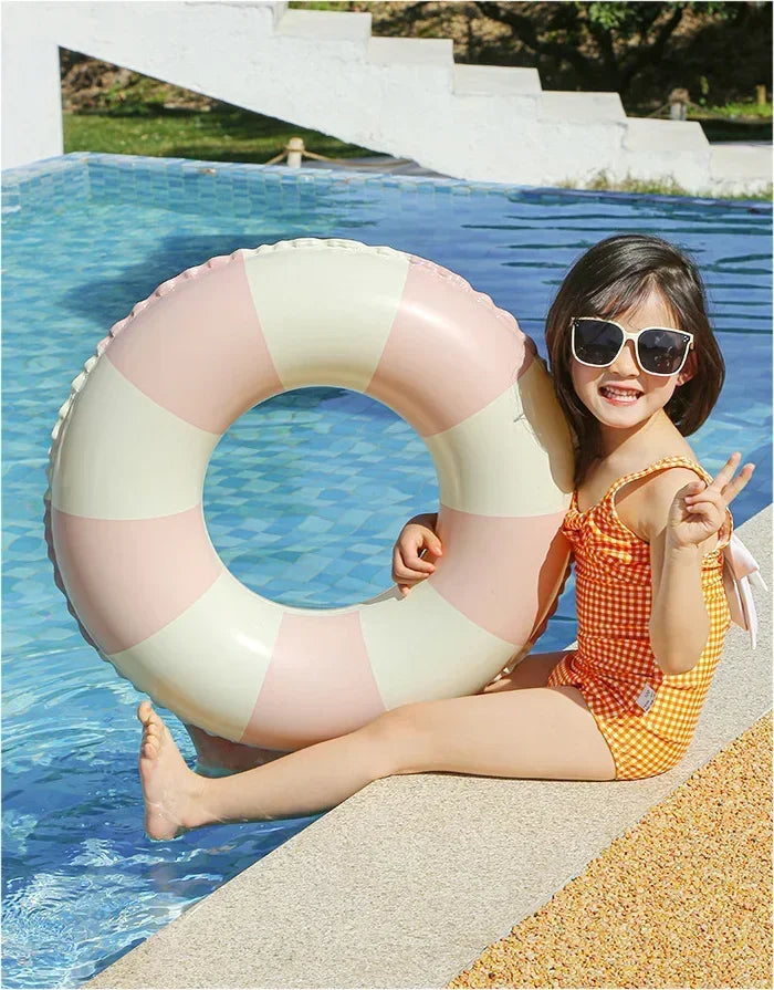 Kids PVC Striped Swimming Ring - Inflatable Floating Tube Donut for Boys & Girls Summer Pool Fun