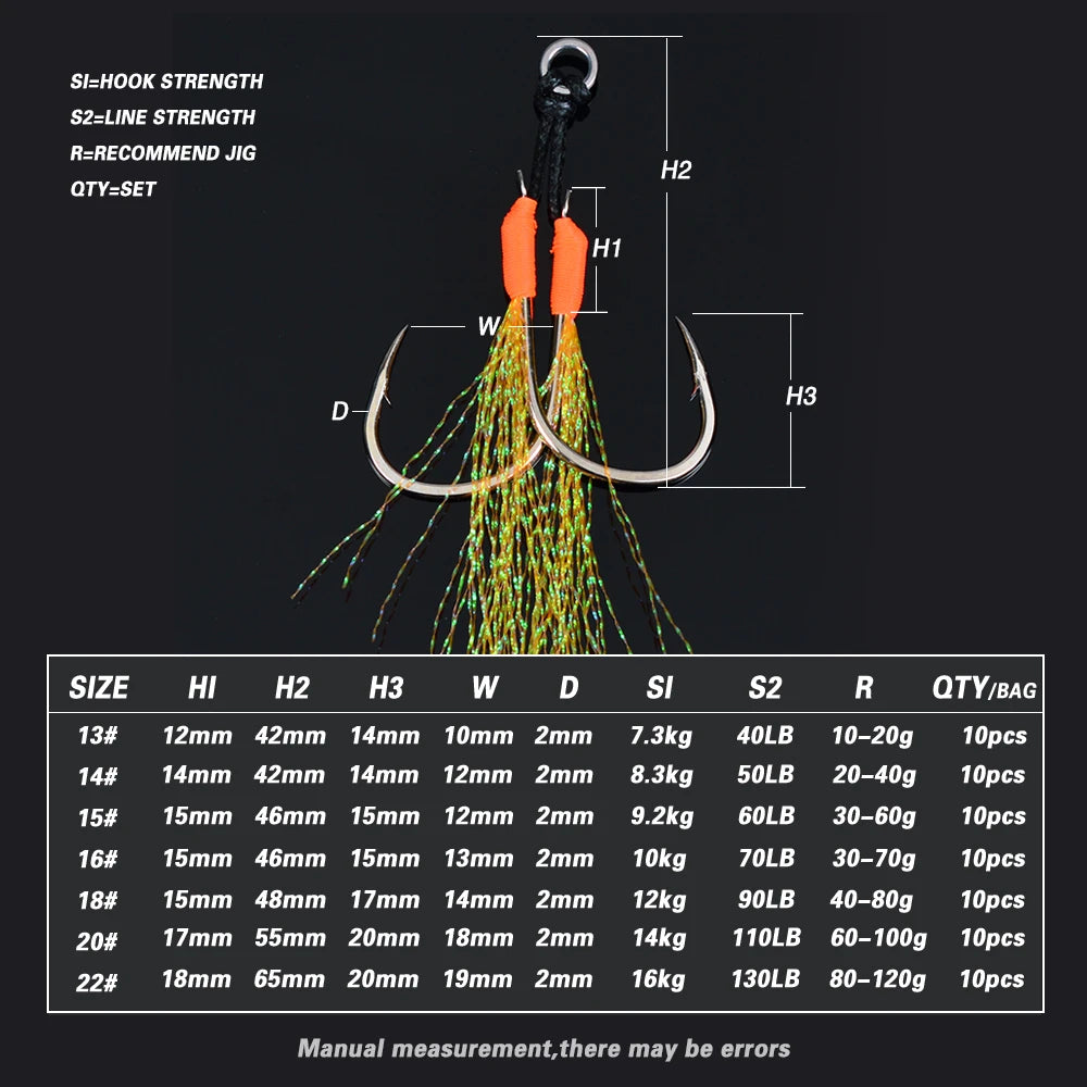 TOLU Metal Jigging Assist Hooks Set - 10 Pieces, Size 13-22#, PE Line with Feather, Solid Ring, UV Enhanced for 10-120g Lures