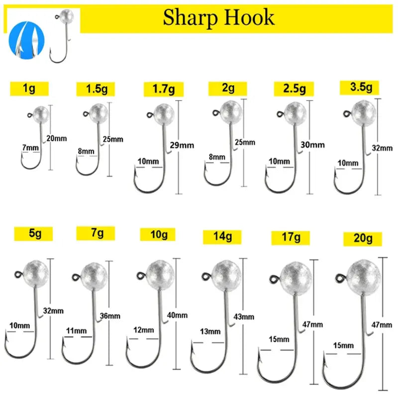 Round Head Jig Hooks for Soft Lure Fishing - Multi-Weight Pack (1g, 2g, 3g, 4g to 20g) - Premium Worm Bait Jigging Hooks for Crank Fishing
