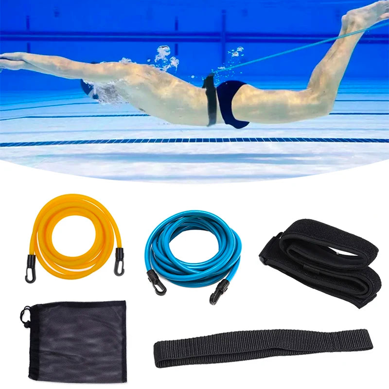 Swimming Training Resistance Belt - 4M Elastic Tether Harness with Stationary Leash for Pool Exercise and Swim Training Accessories
