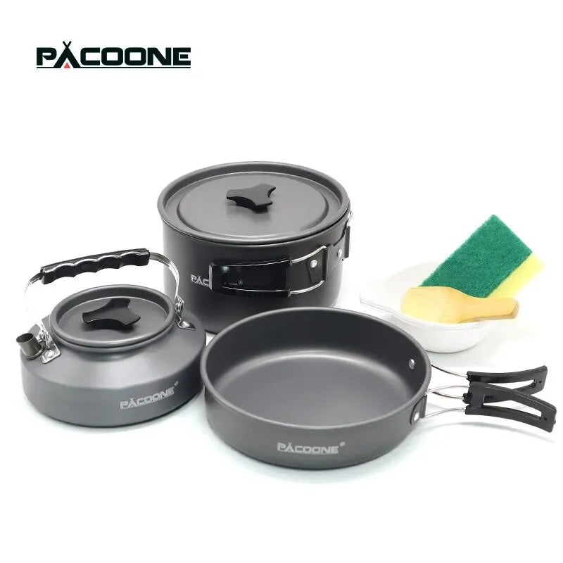 PACOONE Portable Camping Cookware Set - Complete Outdoor Cooking Kit with Pot, Kettle, Pan & Tableware for Hiking and Picnic