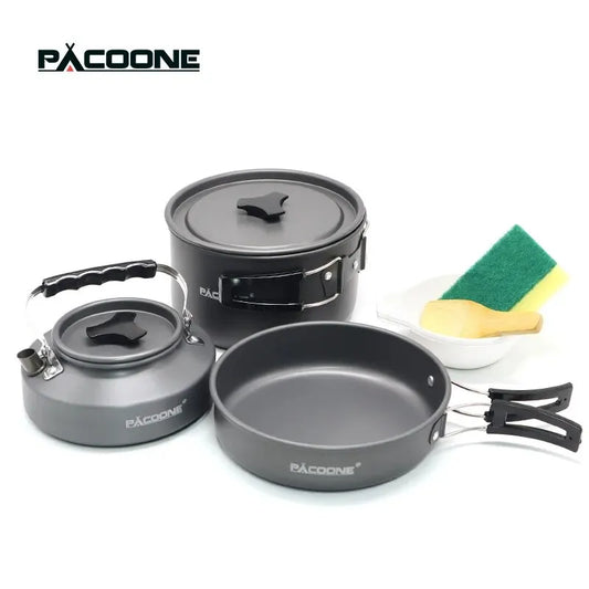 PACOONE Portable Camping Cookware Set - Complete Outdoor Cooking Kit with Pot, Kettle, Pan & Tableware for Hiking and Picnic
