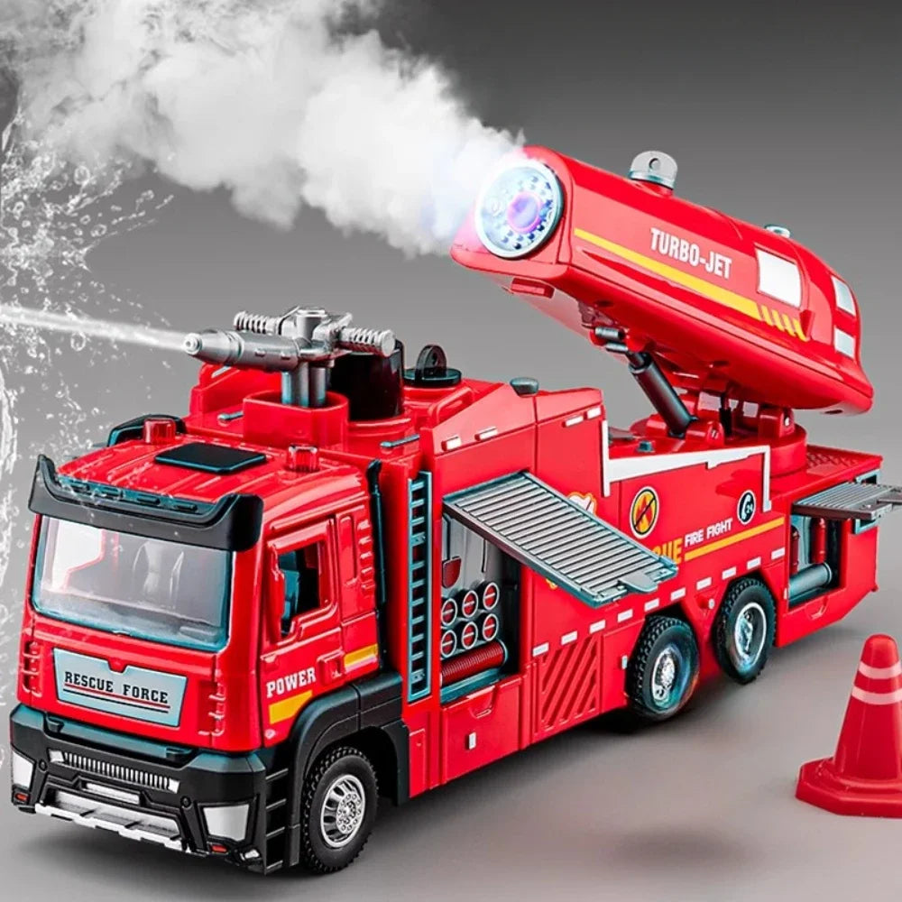 Fire Engine Model Truck 1:32 Scale with Water Spray Function - Ladder Truck Toy with Sound & Light Effects, Pull-Back Action, Opening Doors - Vehicle Collection Gift for Boys