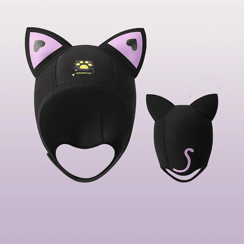 Women's Waterproof 3MM Neoprene Diving Hood - Cute Cat Ears Design with Chin Straps for Swimming & Snorkeling