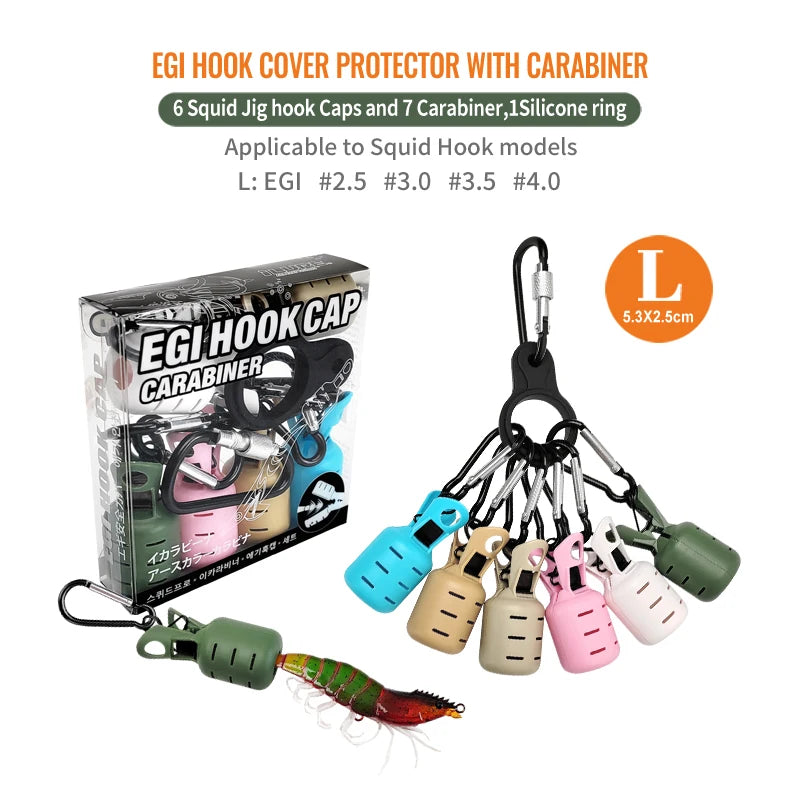 Squid Jig Bait Protector Kit - 6pcs Webfoot Octopus Egi Hook Covers with Carabiner for Cuttlefish Umbrella Lure Fishing Tackle